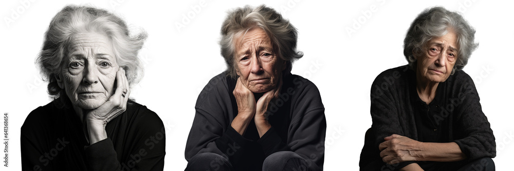 Lonely elderly lady with memory loss experiencing old age problems transparent background Copy space available Lonely elderly lady with memory loss experiencing old age problems transparent background Copy space available
