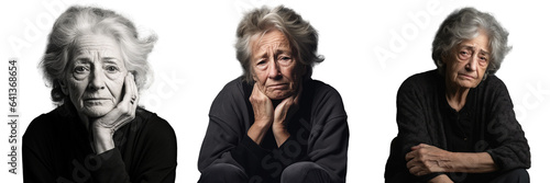 Lonely elderly lady with memory loss experiencing old age problems transparent background Copy space available