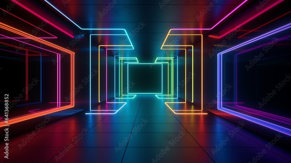 Long hallway with neon lights and black background. Suitable for Halloween, horror, thriller, suspense, or mysterious themed designs.