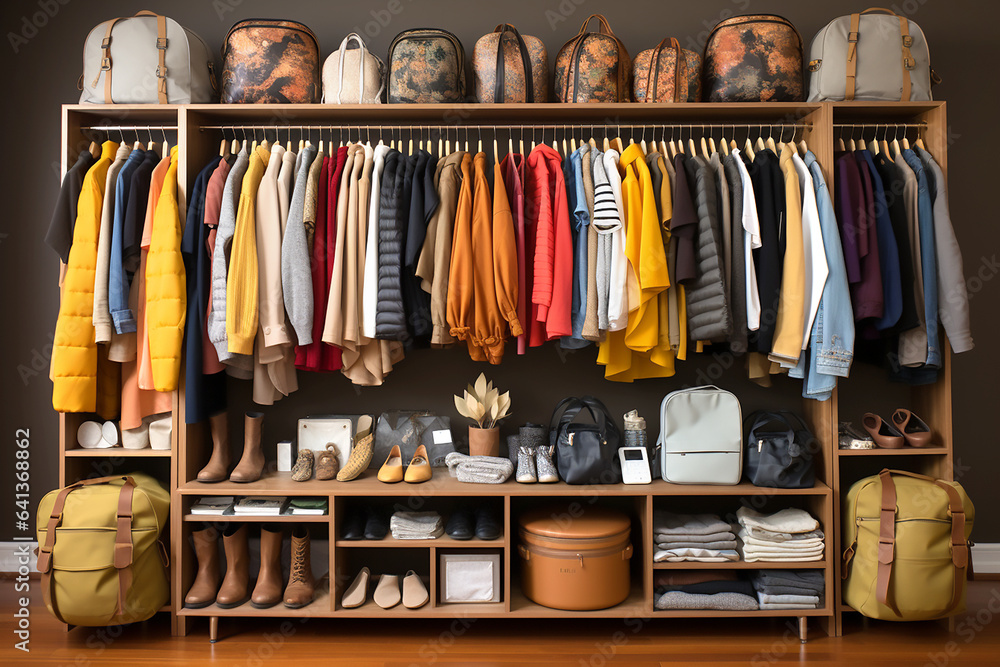Walk-in closet in beige color, clothes storage organization.Generative AI