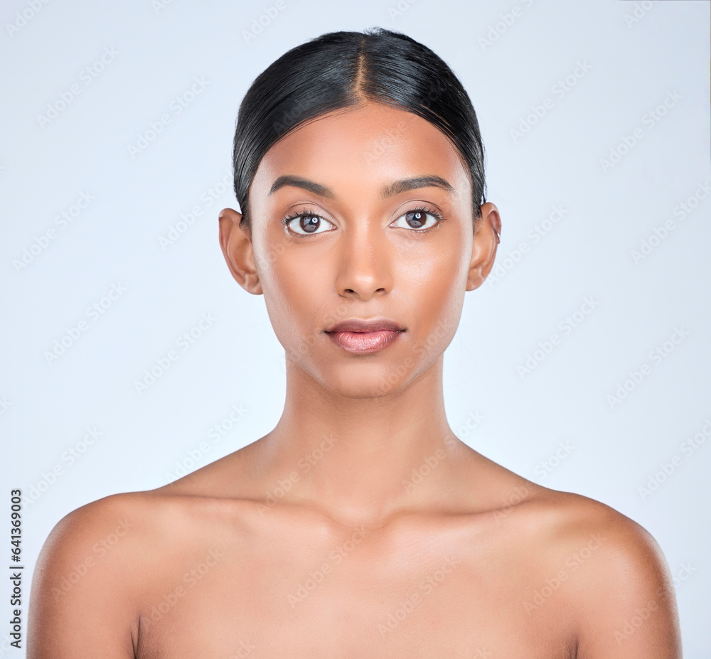 White background, portrait and Indian woman for skincare, beauty and cosmetics for salon aesthetic. Dermatology, spa and serious face of isolated person for wellness, glamour or facial glow in studio White background, portrait and Indian woman for skincare, beauty and cosmetics for salon aesthetic. Dermatology, spa and serious face of isolated person for wellness, glamour or facial glow in studio