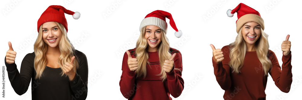 Blonde woman in Christmas hat happily giving thumbs up looking at camera with successful expression Blonde woman in Christmas hat happily giving thumbs up looking at camera with successful expression