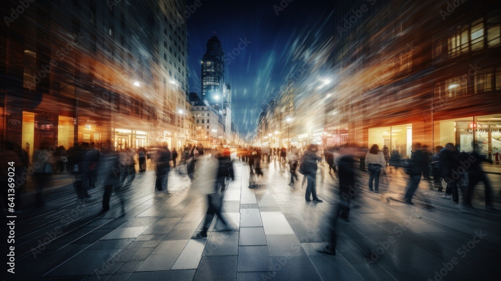 Motion blur of people walking down the street in big city at night