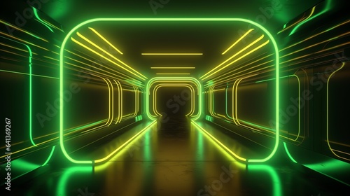 Long hallway with green lights and black background. Suitable for Halloween, horror, thriller, suspense, or mysterious themed designs.