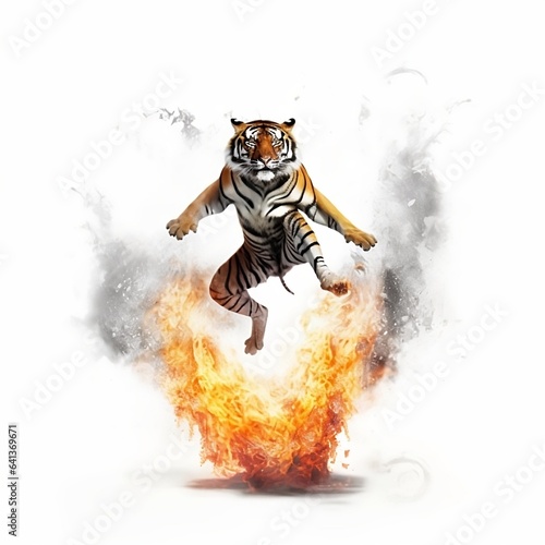 Angry tiger jumping through the fire, circus . illustration created with generative AI technologies