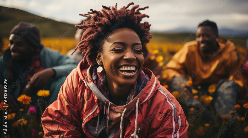 Diverse group of happy urban street models in fashionable urban clothing, sat in the middle of a flowers field Diverse group of happy urban street models in fashionable urban clothing, sat in the middle of a flowers field