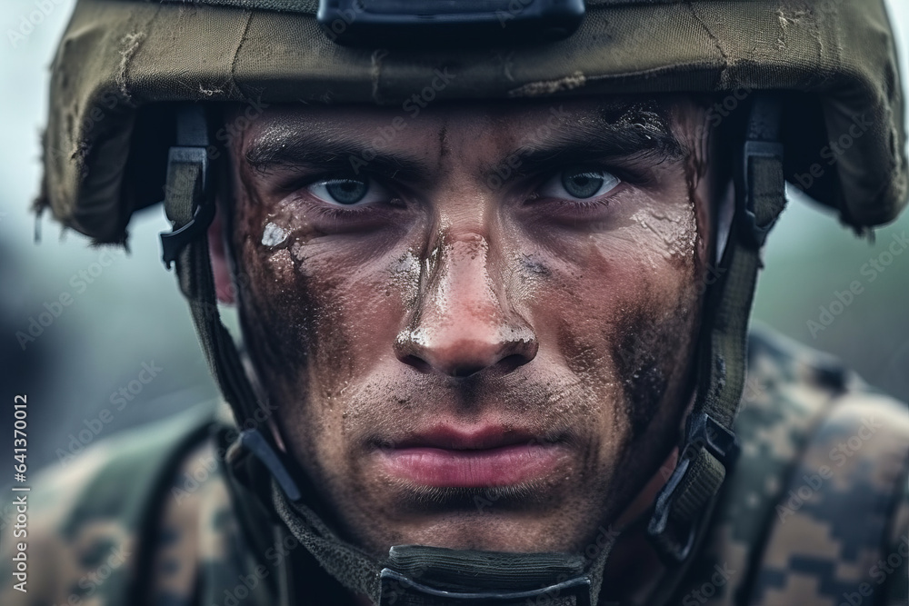 Close-up of a male soldier staring at the camera , military man face Close-up of a male soldier staring at the camera , military man face