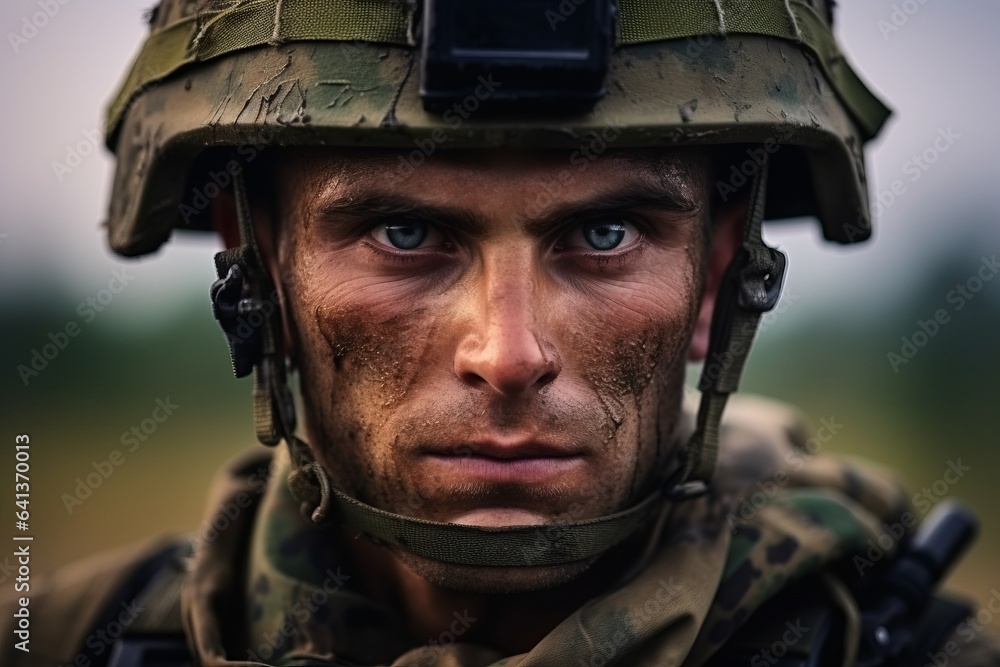 Close-up of a male soldier staring at the camera , military man face Close-up of a male soldier staring at the camera , military man face
