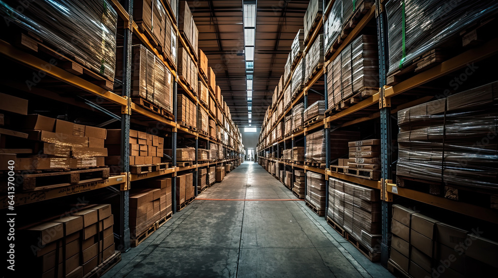 Fototapeta premium Interior of modern warehouse storage of retail shop with pallet on shelves