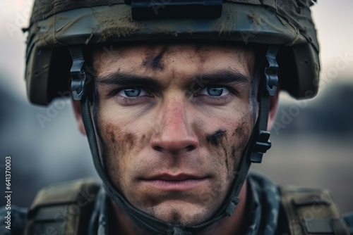 Close-up of a male soldier staring at the camera , military man face © Keitma
