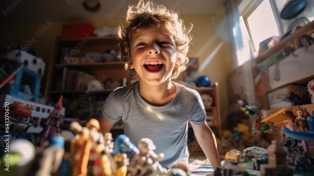 Kid with excited face surrounded toys in his room. Generative AI Kid with excited face surrounded toys in his room. Generative AI
