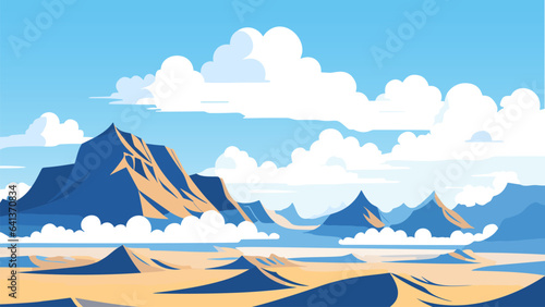 Stylized landscape of mountains and clouds in the sky with blue sky and white clouds above them and a blue sky with white clouds, landscape, a matte painting. Cartoon anime background.