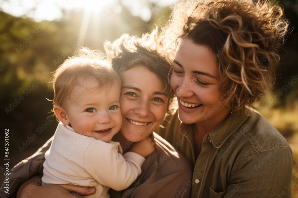 Fototapeta premium Family portrait of a lesbian couple holding their toddler kid in their arms