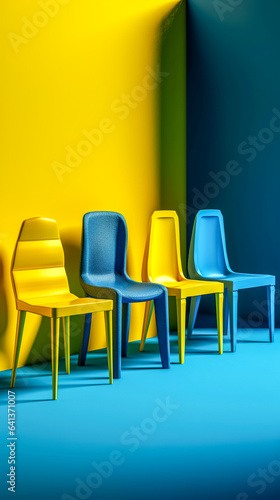 Bright blue and yellow chairs  generative AI.