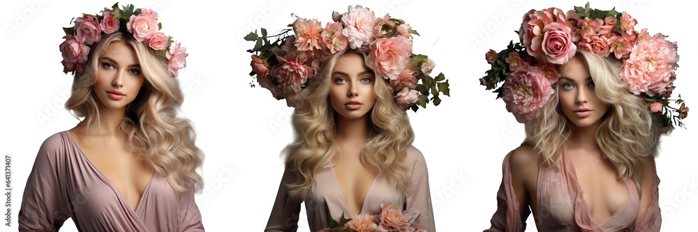 Blond model in floral wreath pink dress on transparent background representing fashion