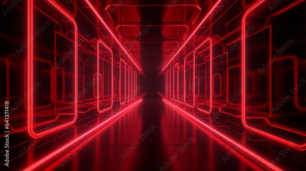 Long hallway with red neon lights is suitable for urban street scenes, nightlife, cyberpunk concepts, or futuristic interior designs. Long hallway with red neon lights is suitable for urban street scenes, nightlife, cyberpunk concepts, or futuristic interior designs.