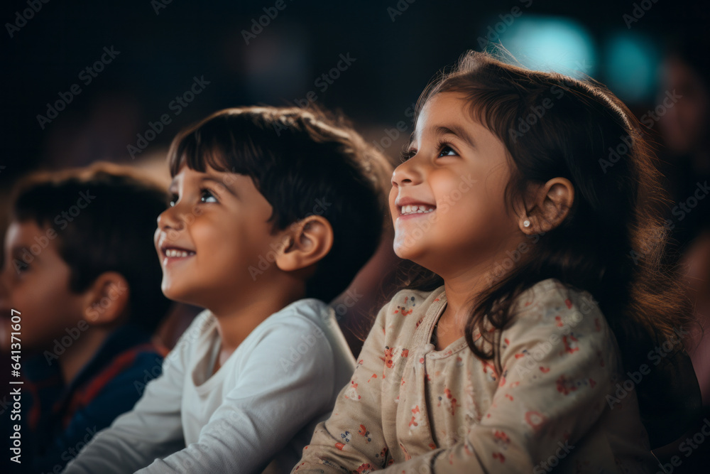 Side view of a children audience enjoying a kids concert or movie with happy smiling faces Side view of a children audience enjoying a kids concert or movie with happy smiling faces