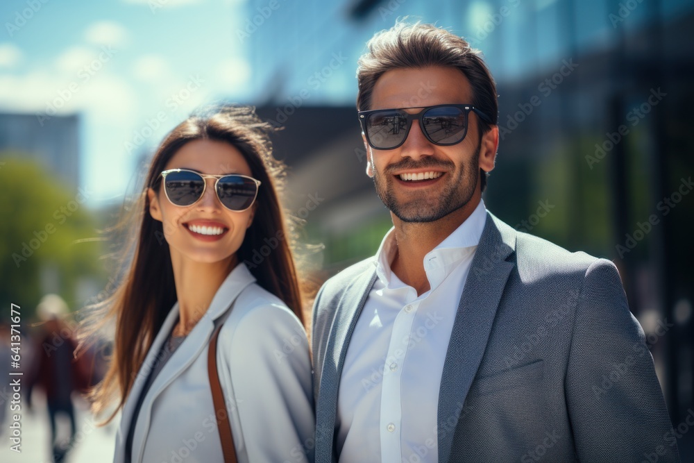 Two trendy, happy adults with sunglasses, smiling in the city. Generated AI Two trendy, happy adults with sunglasses, smiling in the city. Generated AI