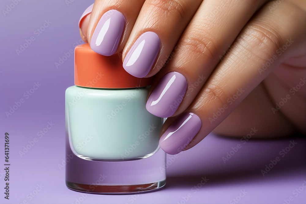 Nail polish product photo showing the hand of a woman with painted nails holding a container of nail polish
