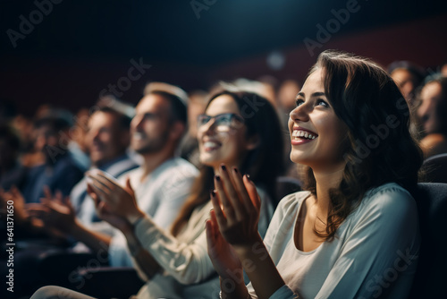 Photo Woman in a audience in a theater applauding clapping hands