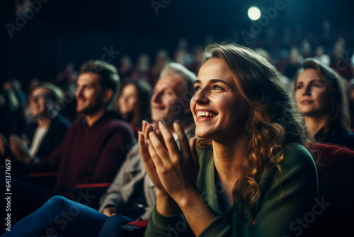 Woman in a audience in a theater applauding clapping hands. cheering and sitting together and having fun