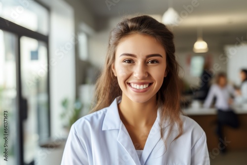 Cheerful, attractive businesswoman with a confident smile, indoors. Headshot portrait, professional demeanor. Generated AI