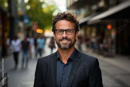 Confident, smiling businessman in urban setting with brown hair and beard. Generated AI photo