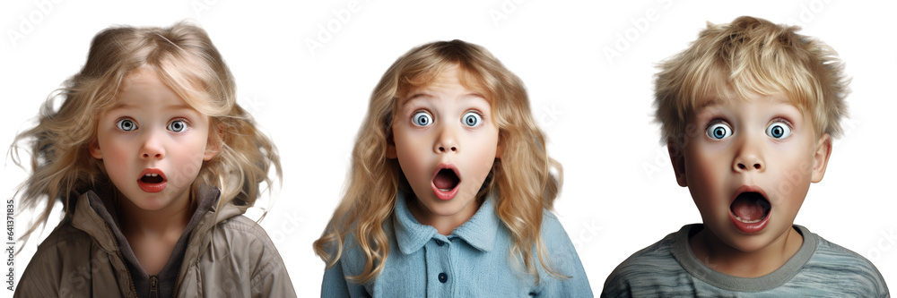 Blond child with blue eyes looking shocked on a transparent background Blond child with blue eyes looking shocked on a transparent background
