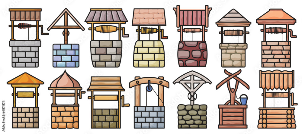 Water well vector color set icon.Vector illustration wooden and stones wellspring on white background . Isolated color set icon water well.