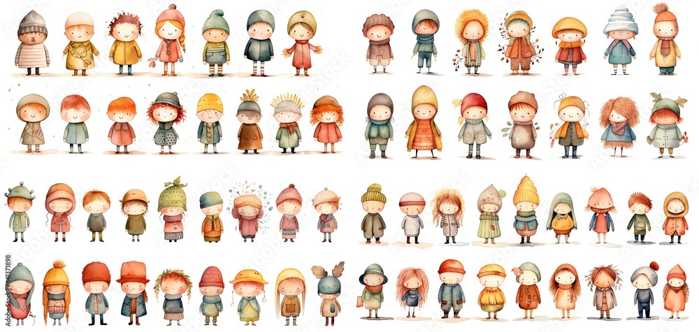 watercolor style illustration, group of kids girls and boy walking together wearing winter coat hat and scarf, collection set, Generative Ai