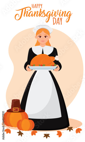 Cute girl character with pilgrim clothes Happy thanksgiving day Vector