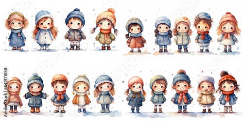 watercolor style illustration, group of kids girls and boy walking together wearing winter coat hat and scarf, collection set, Generative Ai