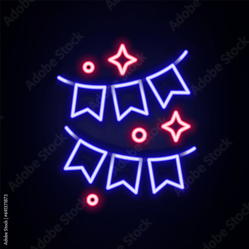 Glowing neon line Carnival garland with flags icon isolated on brick wall background. Party pennants for birthday celebration, festival and fair decoration. Colorful outline concept. Vector