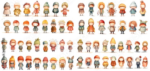 watercolor style illustration, group of kids girls and boy walking together wearing winter coat hat and scarf, collection set, Generative Ai