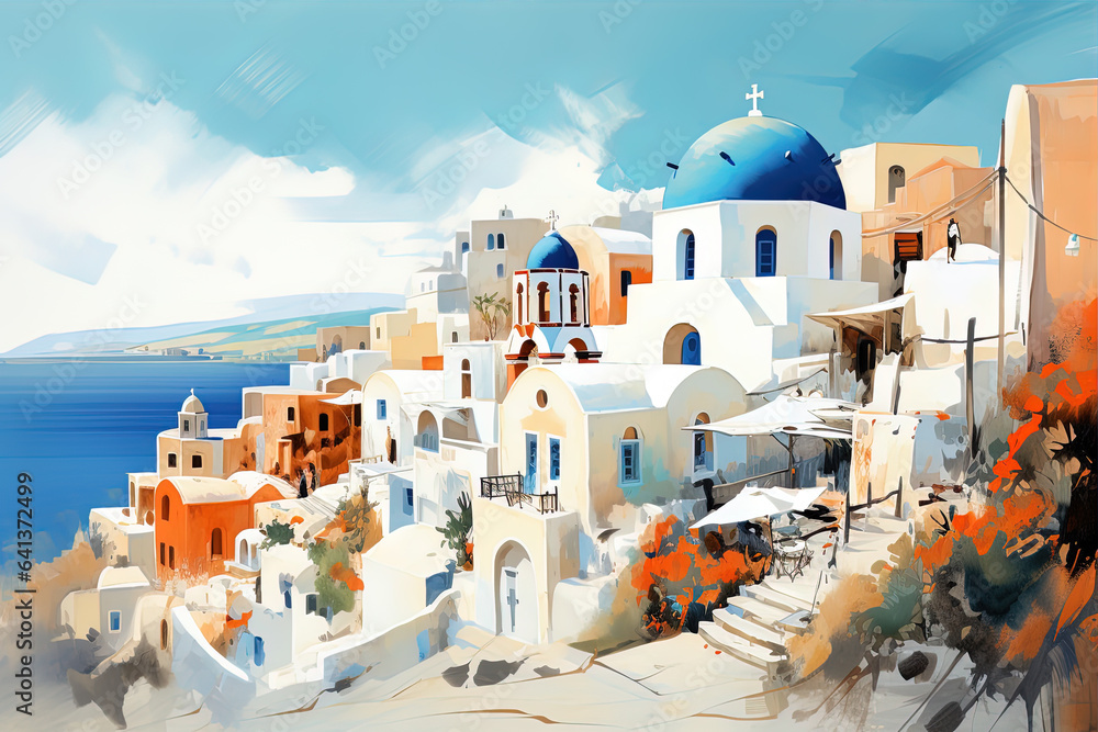 Santorini, Greece. AI generated waterwashed illustration, painting style, famous whitewashed village of Oia. - obrazy, fototapety, plakaty 