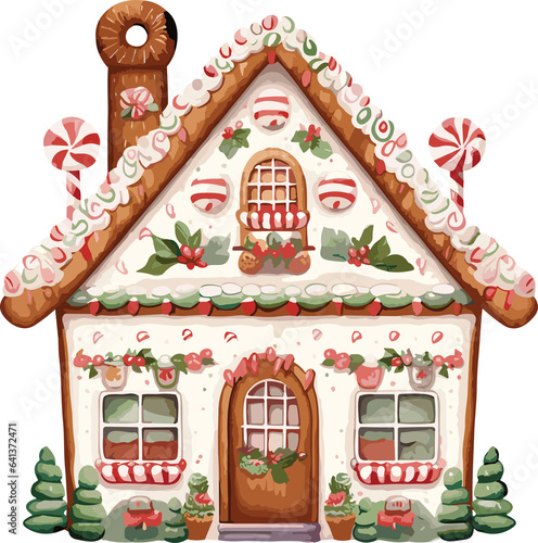 Watercolor cozy christmas Gingerbread house, full color, knitted painting texture.