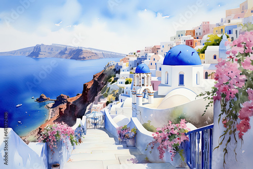 Santorini, Greece. AI generated waterwashed illustration, painting style, famous whitewashed village of Oia.