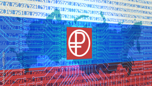 Vector hi-tech poster. Digital ruble symbol. The flag of the Russian Federation, a computer chip and a lot of pixelated numbers.