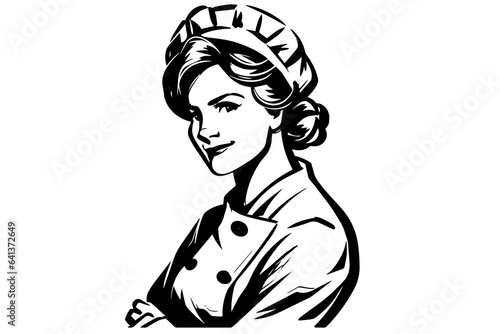 Hand drawn ink sketch of female baker or cook. Design for logotype, icon, advertisment. Engraved style vector illustration