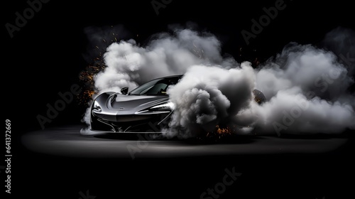 black and white image of a black car, in an explosion of smoke, on a black background © Nicco 