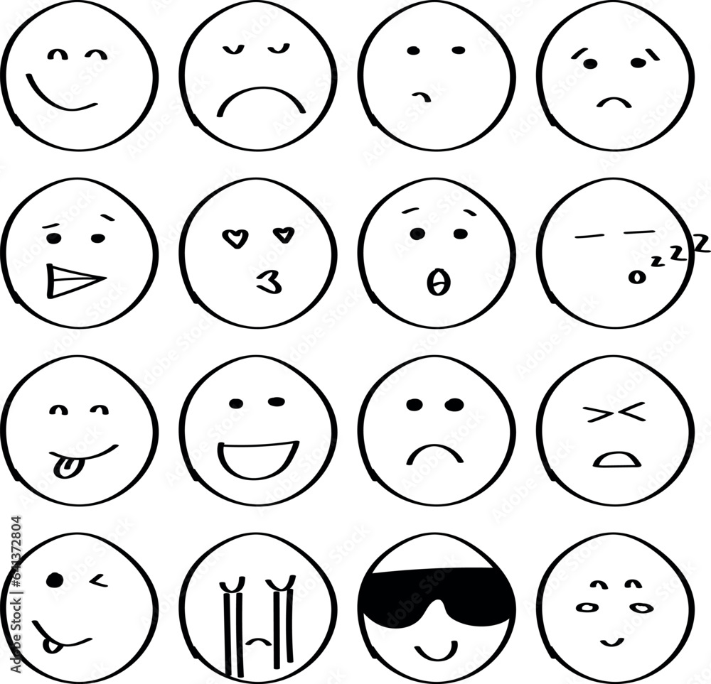 Doodle Emoji face icon set. Hand drawn sketch style. Emoji with different emotion mood, happy, sad, smile face. Comic line art vector illustration. Doodle Emoji face icon set. Hand drawn sketch style. Emoji with different emotion mood, happy, sad, smile face. Comic line art vector illustration.