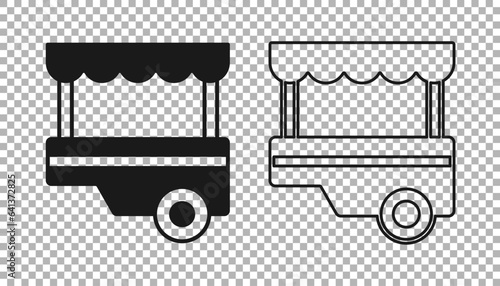 Black Fast street food cart with awning icon isolated on transparent background. Urban kiosk. Vector