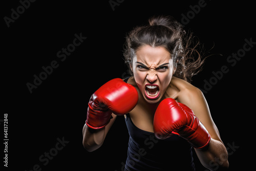 Woman with boxing gloves, action style photo - looks like she's charging attacking, screaming angry expression. Banner copy space at side. Generative AI © Lubo Ivanko
