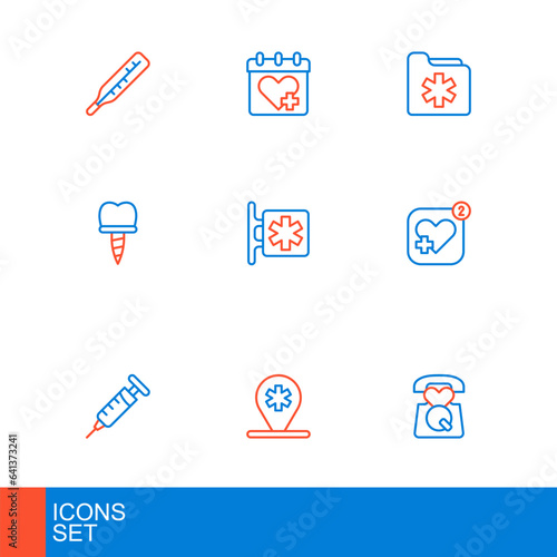 Set line Emergency call 911, Location hospital, Syringe, Mobile with heart rate, Dental implant, - Star of Life, Medical health record folder and Doctor appointment icon. Vector