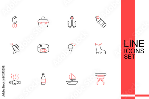 Set line Camping folding chair, Yacht sailboat, Bottle of vodka, Dead fish, Fishing boots, float, Canned and harpoon icon. Vector