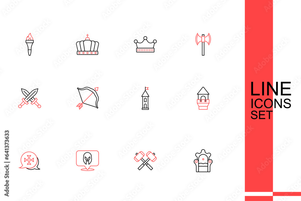 Set line Medieval throne, Crossed battle hammers, helmet, Crusade, Castle tower, bow and arrow and medieval sword icon. Vector Set line Medieval throne, Crossed battle hammers, helmet, Crusade, Castle tower, bow and arrow and medieval sword icon. Vector