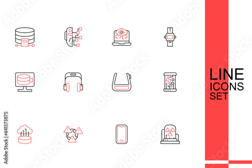 Set line Radioactive warning lamp, Mobile phone, Earth with exclamation mark, Network cloud connection, Cryogenic capsules, Smart glasses spectacles, Headphones and Cloud database icon. Vector