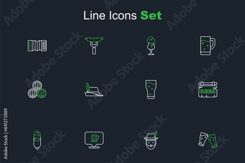 Set line Glass of beer, Oktoberfest man, Wooden mug, Salami sausage, Street signboard with Beer, hat and barrel icon. Vector