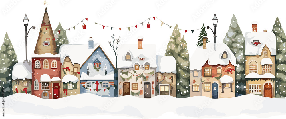 Watercolor cozy christmas village, full color, knitted painting texture.