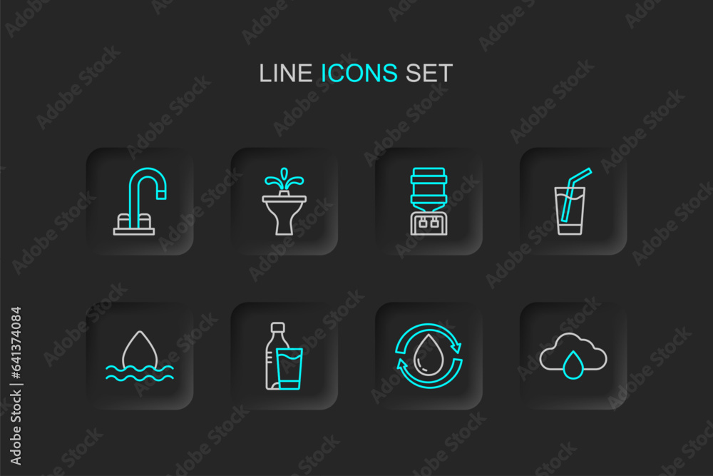 Set line Cloud with rain, Recycle clean aqua, Bottle of water glass, Water drop, Glass, cooler, Fountain and tap icon. Vector Set line Cloud with rain, Recycle clean aqua, Bottle of water glass, Water drop, Glass, cooler, Fountain and tap icon. Vector